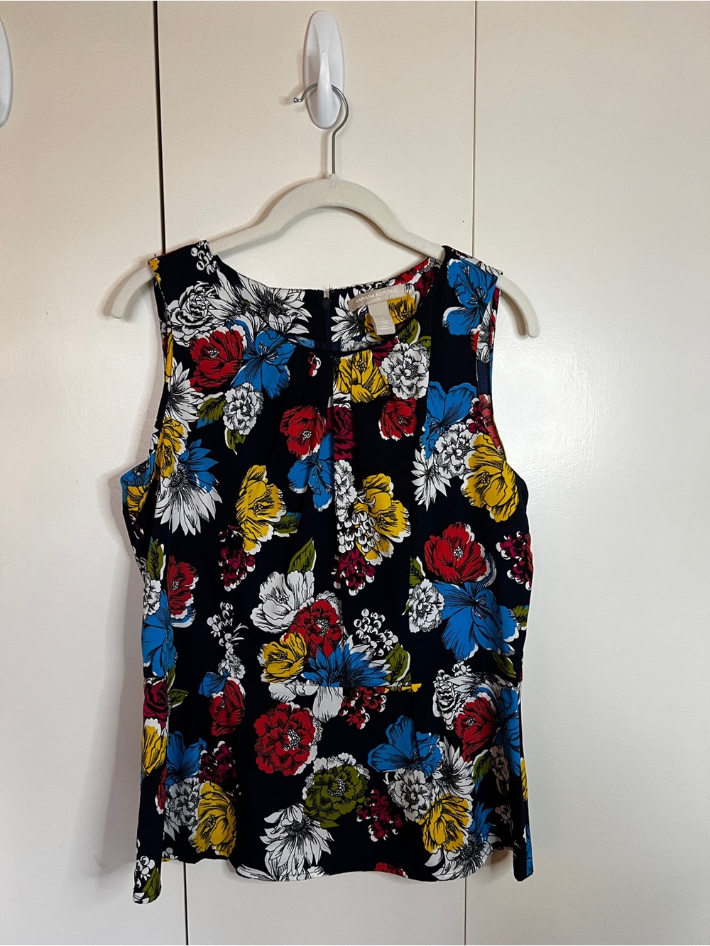 Banana Republic Black Floral Top with Red, Yellow & Green Accents